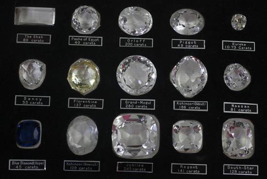 A cased set of fifteen facet cut paste Historical diamonds,